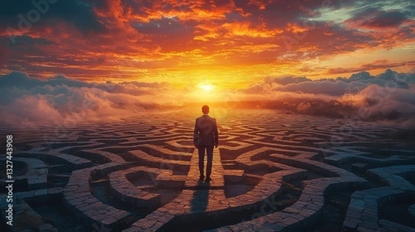 Fototapeta Man in Suit Contemplating Path Ahead in Stone Maze at Sunset Dramatic Cloudscape