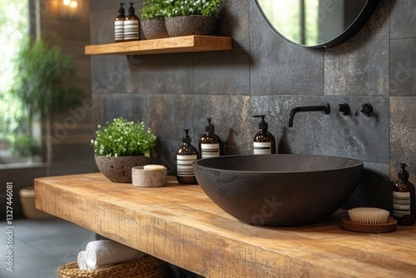 Obraz Rustic Bathroom: Dark stone sink and wood countertop with plants and accessories