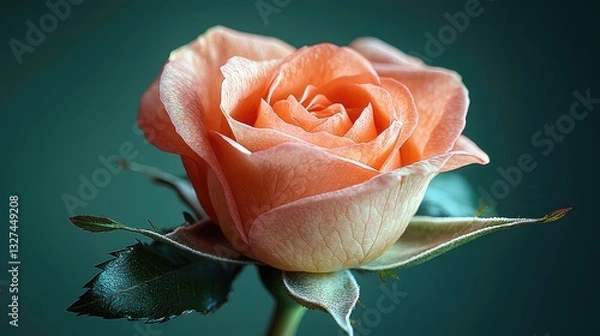 Fototapeta Close-up View of a Single Peach-Colored Rose Blossom with Dewy Petals and Lush Green Leaves, Soft Lighting and Artistic Focus on Delicate Texture