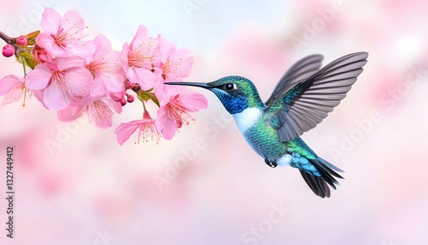 Obraz Hummingbird in flight, feeding on pink cherry blossoms