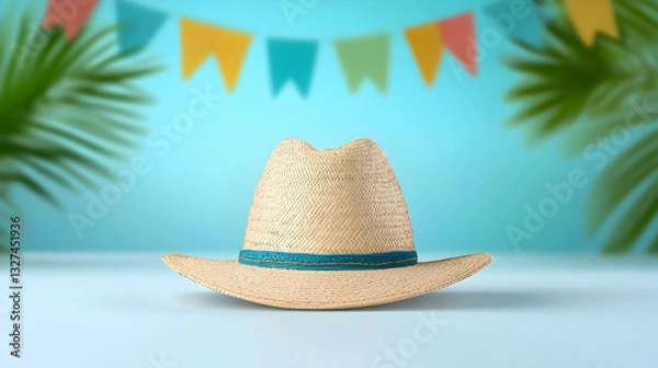 Fototapeta Light beige straw cowboy hat on a light blue background with colorful flags and palm leaves