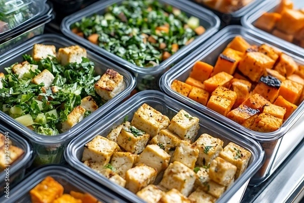Fototapeta Vegan prep meal holders filled with healthy options like tofu bites sweet potato chunks made meals for lunch treats orderly placed in clear holders with black caps earth-friendly boxes  
