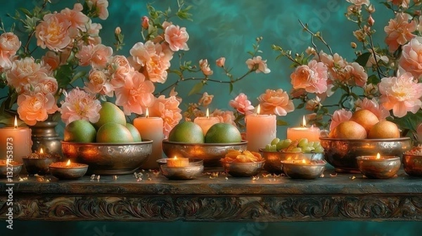Fototapeta Serene Still Life of Pears, Oranges, and Roses with Burning Candles in Antique Bowls on Ornate Table