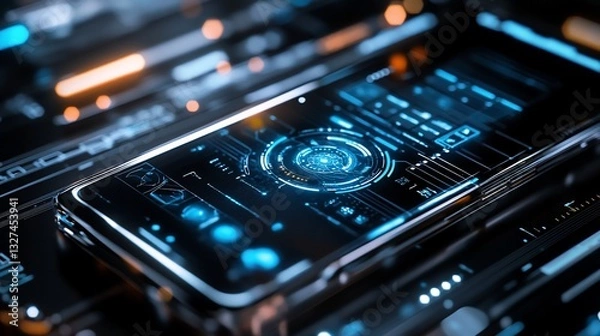 Fototapeta Advanced mobile technology interface with futuristic hud display and circuit board