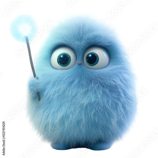 Obraz A Fluffy 3D Cartoon Character Holding a Glowing Magica Isolated on Transparent Background