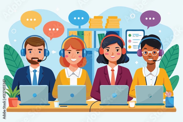 Fototapeta Four customer service representatives support clients via headsets and laptops in a bright office environment, Technical support, hot line call center opeartors,