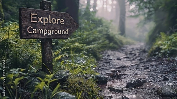 Fototapeta Explore Campground Signpost: Tranquil Forest Path Leading to a Secluded Camping Area, Lush Green Foliage, Mossy Rocks, and a Small Stream