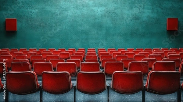 Fototapeta Empty Red Theater Seats Facing a Teal Wall, Cinematic Atmosphere, Rows of Chairs in a Dark Room,  Vintage Movie House Interior,  Stage Setting for a Performance