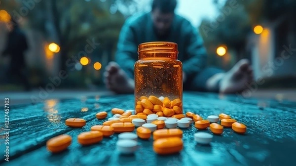 Fototapeta Overdose and Addiction Concept: Pills Spilled from Bottle Near a Distraught Man Sitting Outdoors at Night
