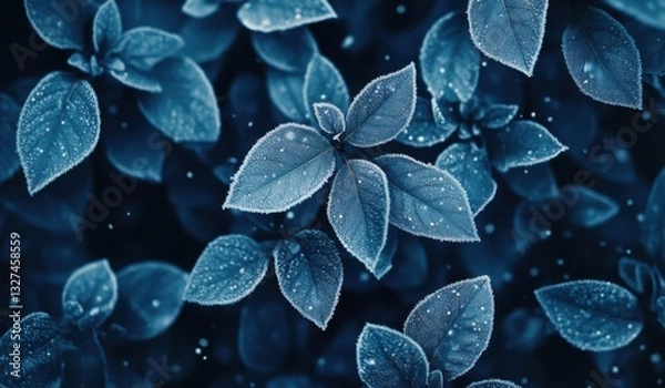 Fototapeta A close-up of leaves with frost on them, in blue tones, against a dark background