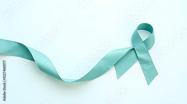 Fototapeta Close-up Minimalist Teal Awareness Ribbon on White Background - Health Support for Causes