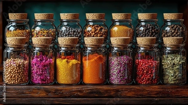 Fototapeta Aromatic Spice Collection in Glass Jars with Cork Lids, Beautifully Arranged on Rustic Wooden Shelf, Vibrant Colors and Textures, Culinary Ingredients, Food Photography