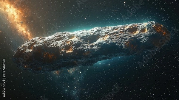 Fototapeta Spectacular Close-Up of a Luminous Interstellar Asteroid, Glowing with Internal Heat, Traveling Through a Starry Nebula, Cosmic Dust and Gas