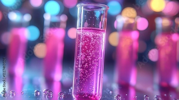 Fototapeta Close-up Shot of a Test Tube Filled with Pink Liquid and Bubbles, Scientific Experiment in Progress, Laboratory Research, Medical Science, Biotechnology,  Fluid Dynamics,  Chemical Reaction