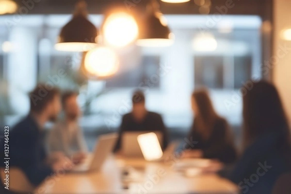 Fototapeta blurred photo of an office meeting room with business people sitting around the table with laptops and documents, discussing business plans, talking and working together