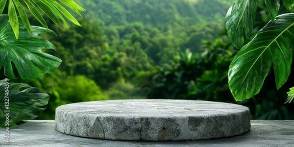 Fototapeta Stone table with a lush green forest in the background creating a natural and scenic atmosphere
