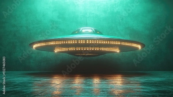 Fototapeta Futuristic UFO Spaceship Hovering in a Mysterious Teal Green Environment Sci-Fi Scene Digital Art 3D Render