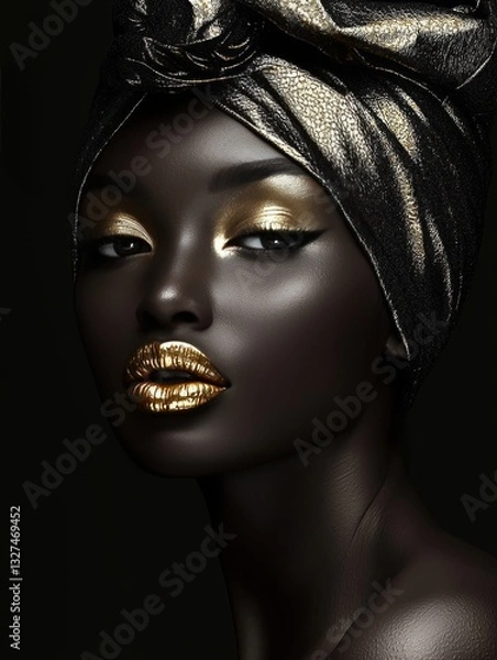 Fototapeta Artistic portrait of a woman  adorned with a reflective headscarf, emphasizing texture and depth