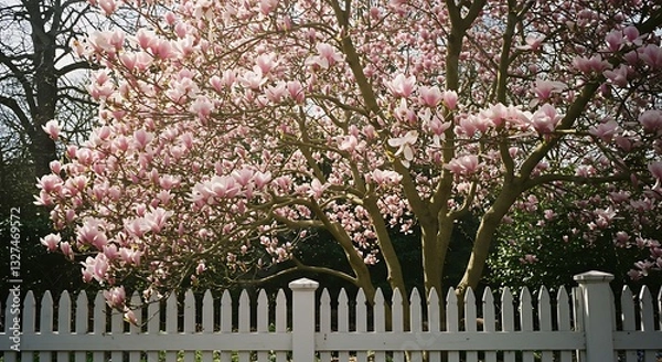 Obraz Blooming Magnolia Tree with Pink Flowers Behind White Picket Fence