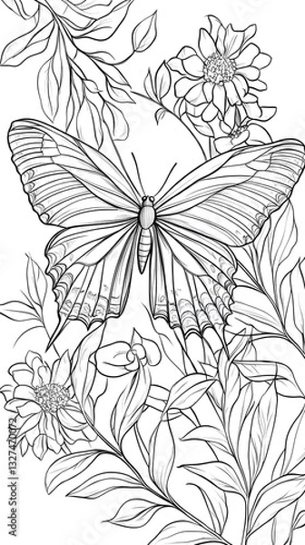 Fototapeta A happy butterfly with large, simple wings, flying near flowers. Designed with symmetrical patterns for easy coloring.