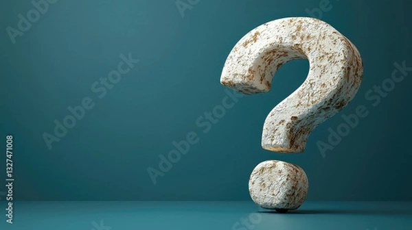 Fototapeta 3D Render of a Stone Question Mark Symbol, Enigma Concept, Abstract Query, Intriguing Curiosity, Textured White and Beige,  Teal Background,  Mysterious Inquiry