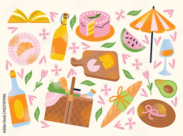 Obraz Picnic food and drinks with fruits, bread, and beverages. Flat vector illustration of picnic basket, cake, cheese board, and umbrella with decorative flowers and leaves. Summer picnic concept