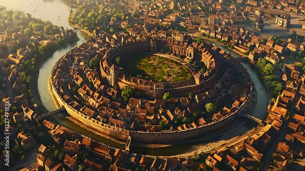 Fototapeta Ancient Walled City with Central Fortress and Moat: A Glimpse into Medieval Urban Design