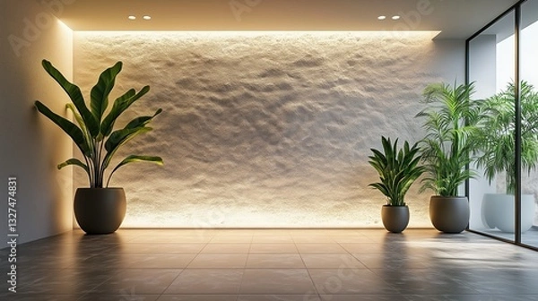 Obraz Empty modern room with plants, a textured wall and decorative lighting, creating a relaxing and stylish atmosphere. Ai generated