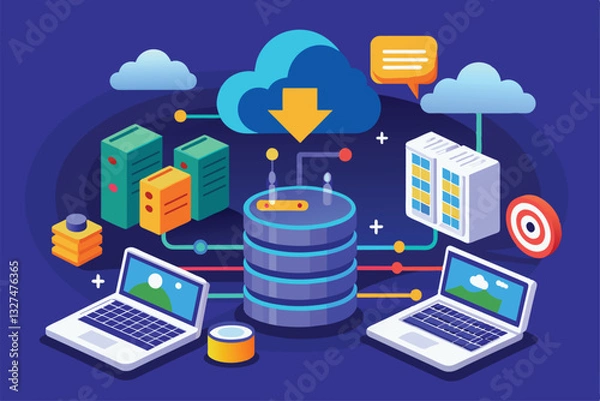 Fototapeta A digital illustration shows multiple laptops connected to a cloud for backing up data efficiently, The concept is backing up the data