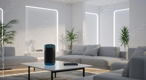 Fototapeta Smart home living room with voice assistant device. Modern interior with connected technology. IoT concept for home automation and digital lifestyle.