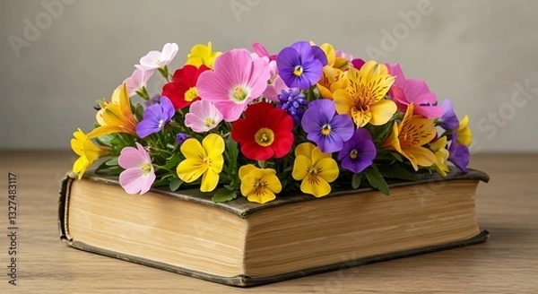 Obraz Colorful Flowers Arranged Atop an Old Book on a Wood Surface
