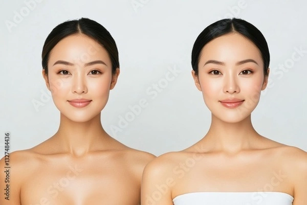 Fototapeta Realistic Photo of an Asian Woman with Perfect Skin, Full Frame Head and Shoulders, White Background, High-Quality Beauty Portrait