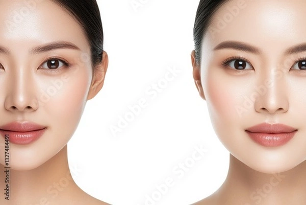 Fototapeta Realistic Photo of an Asian Woman with Perfect Skin, Full Frame Head and Shoulders, White Background, High-Quality Beauty Portrait