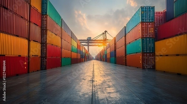 Fototapeta Colorful shipping containers at sunset, port logistics, global trade, industrial background; website/brochure use