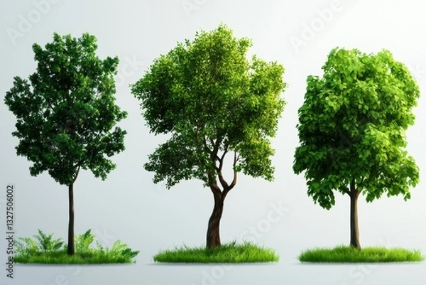 Fototapeta Elegant set of stylized and photorealistic trees, isolated on a neutral background, for use in garden planning and outdoor design