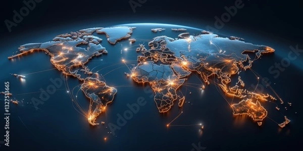 Obraz Global trade routes illustrated on world map interactive data visualization digital art nighttime view concept of global economy