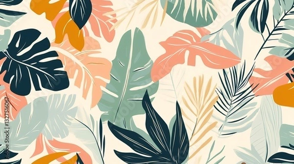 Fototapeta Vibrant tropical leaf pattern in muted pastel and earthy tones, featuring various stylized foliage