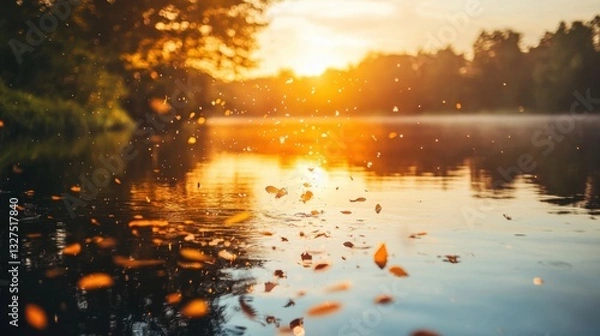 Fototapeta Observing Fish Jumping by the River at Sunset