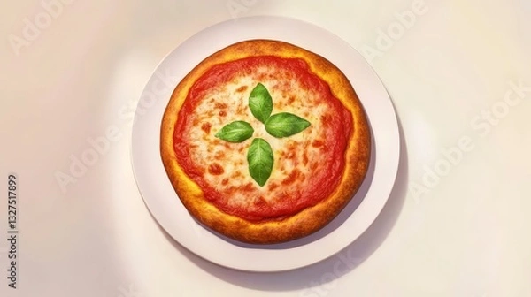 Fototapeta A mouthwatering pizza with a perfect crust and fresh basil. Enjoy this Italian culinary masterpiece on a white plate.