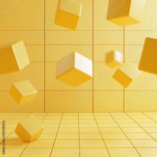 Fototapeta Stunning Yellow Geometric Cubes in a Modern Empty Room