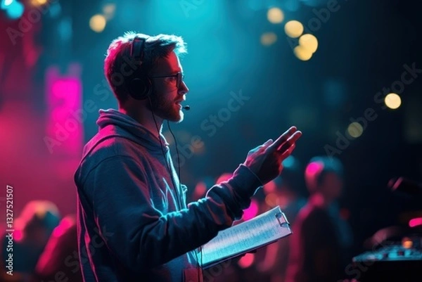 Obraz Technician with Headset Directing Event Neon Lights Stage  Concert Show