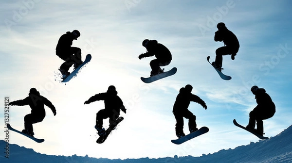 Fototapeta Snowboarder jump silhouette in different pose vector.