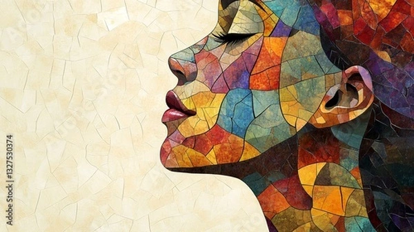 Fototapeta A vibrant, multicolored mosaic portrait of a woman's face in profile, eyes closed, against a soft beige background.  The artwork utilizes fractured, geometric shapes to depict a serene expression