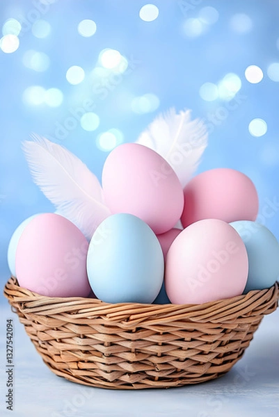 Fototapeta Pastel-colored eggs in a wicker basket, with delicate feathers