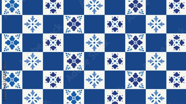 Fototapeta Elegant blue and white  tile background with floral and geometric elements. Inspired by traditional ceramic tiles, perfect for backgrounds, wallpapers, textiles, and decorative designs.