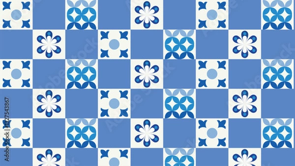 Fototapeta Classic blue and white  tile background with ornamental details. Inspired by vintage ceramic designs, ideal for textile prints, wallpapers, interior decor, and digital backgrounds.