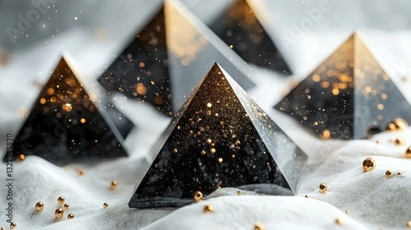 Fototapeta Elegant, golden, black pyramids on white surface.