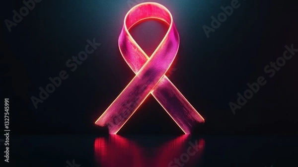 Fototapeta Glowing pink awareness ribbon against dark background.