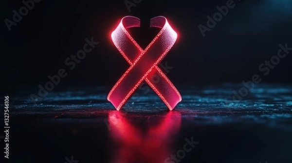 Fototapeta Glowing crimson ribbon, symbol of awareness, on a dark reflective surface.
