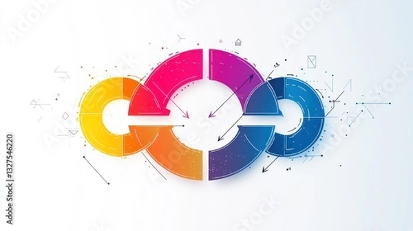 Fototapeta Abstract circular infographic design with overlapping pie charts and interconnected segments,  featuring vibrant color gradients and a technological background.